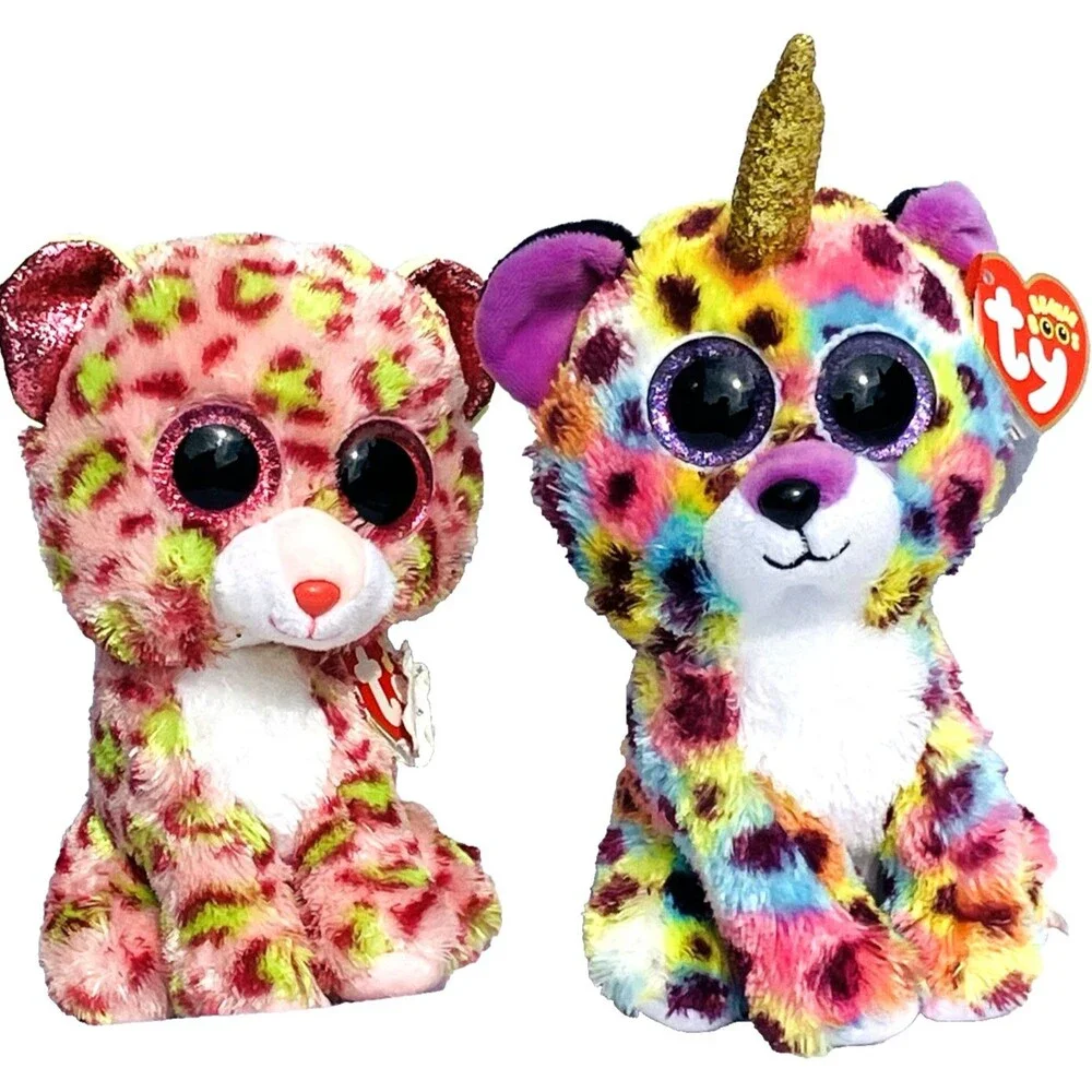 Ty TySilk 2 Beanie Boo Plush Toys Lainey Giselle Leopard Cat Unicorn Glitter Eye